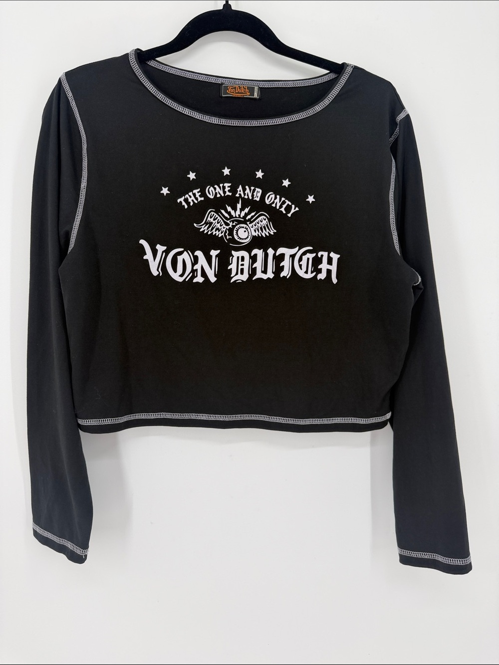 Von Dutch Originals Black Graphic Crop Top XL Y2K Biker Moto Contrast Stitch